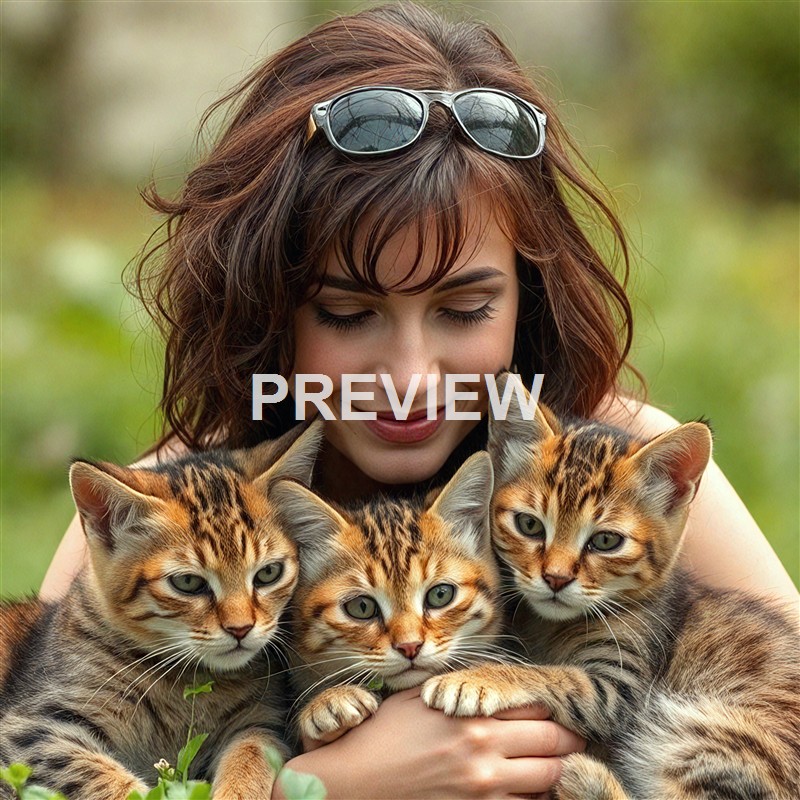 A woman with brown hair and sunglasses on her head is holding three young Bengal cats with distinctive spotted fur patterns, all outdoors with green foliage in the background.